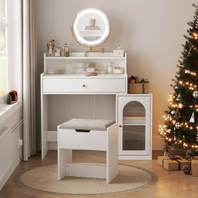 White Vanity Desk with 360° Rotated Mirror and Adjustable Lights