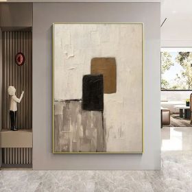 Large Creamy Beige Abstract Geometric Oil Painting Modern Wabi Sabi Wall Art Brown and Black Minimalist Wall Art Beige Textured Painting (Style: 01, size: 80x120cm)