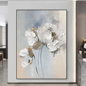Larger 3D Abstract White Flowers Oil Painting On Canvas Floral wall Art Textured Painting Home Decor Wall Art Floral Wall Decor Gift (Style: 01, size: 120x160cm)
