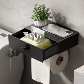 Toilet Paper Holder with Shelf Black Wipes Dispenser for Bathroom Stainless Steel Toilet Paper Holder with Storage Drawer Adhesive Wall Mount Sma (Color: Matte Black)