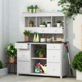 Garden Potting Bench Table, Rustic and Sleek Design with Multiple Drawers and Shelves for Storage (Material: Wood, Color: White+gray)