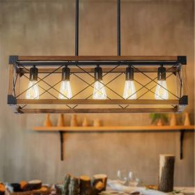 5-light Retro Farmhouse Pendant Light Suitable For Kitchen, Living Room, Dining Room Walnut Wood ,without Light Bulb,Prohibited Platform Temu Ama (Option: Wood)